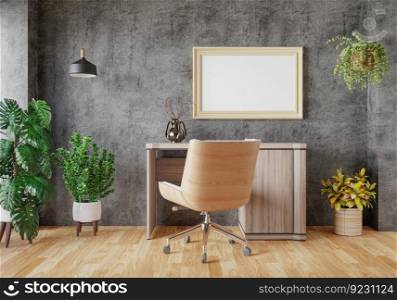 3D illustration, Mockup photo frame in working place, Interior of comfortable with wooden furniture and decorate in minimal style with houseplant in pot, rendering