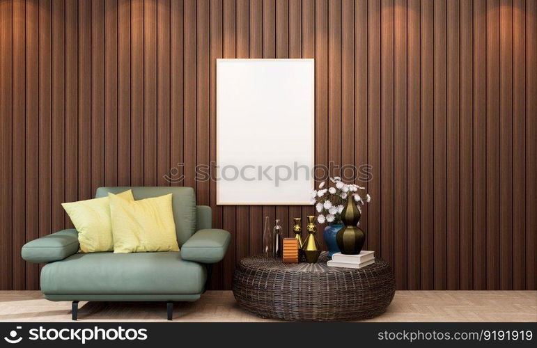 3D illustration mockup photo frame on beautiful wall in gallery hall or lobby of luxury building, Decorated with scandinavian style interior and natural rendering