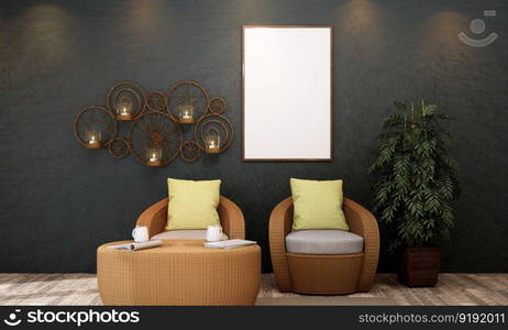 3D illustration mockup photo frame on beautiful wall in gallery hall or lobby of luxury building, Decorated with scandinavian style interior and natural rendering