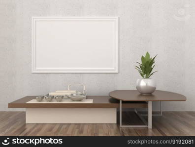 3D illustration mockup photo frame on beautiful wall in gallery hall or lobby of luxury building, Decorated with scandinavian style interior and natural rendering