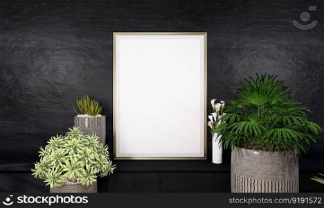 3D illustration mockup photo frame on beautiful wall in gallery room or hall of luxury place, Decorated with concept ornament, rendering