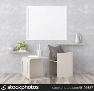 3D illustration mockup photo frame on beautiful wall in gallery room or hall of luxury place, Decorated with concept ornament, rendering