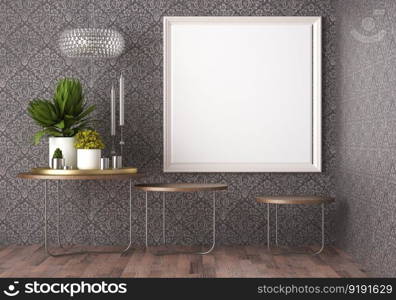 3D illustration mockup photo frame on beautiful wall in gallery room or hall of luxury place, Decorated with concept ornament, rendering