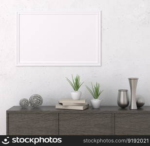 3D illustration mockup photo frame on beautiful wall in living room with plat pot, Decorated with scandinavian style interior and natural rendering