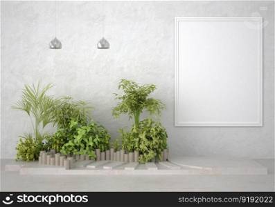 3D illustration mockup photo frame on beautiful wall in living room with plat pot, Decorated with scandinavian style interior and natural rendering