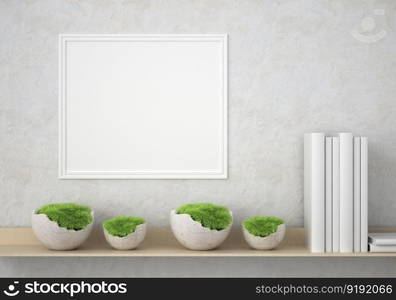 3D illustration mockup photo frame on beautiful wall in living room with plant pot, Decorated with scandinavian style interior and natural rendering