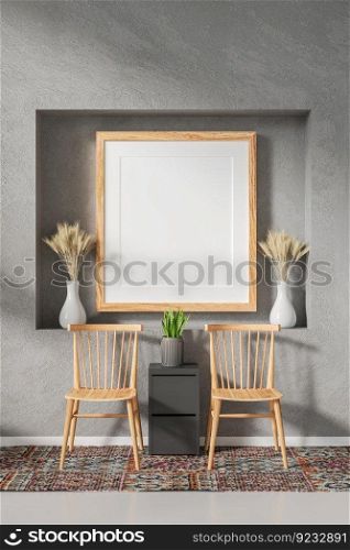 3D illustration, Mockup photo frame on beautiful wall of living room, Interior decoration with furniture style minimal, rendering