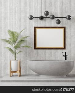 3D illustration mockup photo frame on beautiful wall over bathtub  in bathroom with plant pot, Decorated with comfortable equipment on floor, rendering