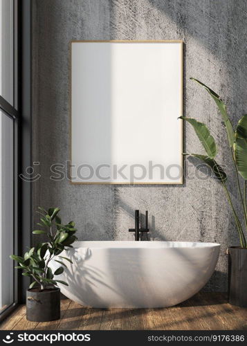 3D illustration mockup photo frame on beautiful wall over bathtub in bathroom with plant pot, Decorated with comfortable equipment on wooden floor, rendering