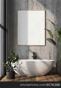 3D illustration mockup photo frame on beautiful wall over bathtub in bathroom with plant pot, Decorated with comfortable equipment on wooden floor, rendering