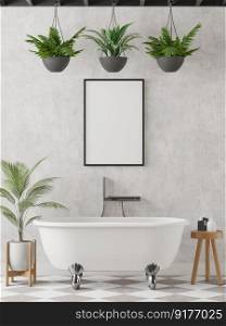 3D illustration mockup photo frame on beautiful wall over bathtube in bathroom with plant pot, Decorated with comfortable equipment on floor with plant in pot, rendering