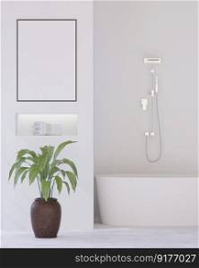 3D illustration mockup photo frame on beautiful wall over bathtube in bathroom with  shower and plant pot, Decorated with comfortable equipment on floor, rendering