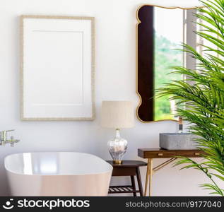 3D illustration mockup photo frame on beautiful wall over bathtube in bathroom with  shower, Decorated with comfortable equipment on floor, rendering