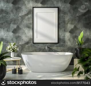 3D illustration mockup photo frame on beautiful wall over bathtube in bathroom with  shower, Decorated with comfortable equipment on floor, rendering