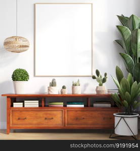 3D illustration mockup photo frame on beautiful wall over cabinet, castus and plant in pot, Decorated with scandinavian style interior and natural rendering