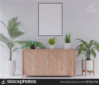 3D illustration mockup photo frame on beautiful wall over cabinet, Decorated with scandinavian style interior and natural rendering
