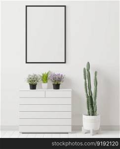 3D illustration mockup photo frame on beautiful wall over cabinet, Decorated with scandinavian style interior and natural rendering