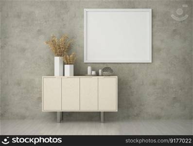 3D illustration mockup photo frame on beautiful wall over cabinet in bathroom with dry flower in vase, Decorated with comfortable equipment on floor, rendering
