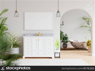 3D illustration mockup photo frame on beautiful wall over washbasin in bathroom, marble bathtub in background, Decorated with plant in pot, rendering