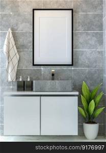3D illustration mockup photo frame on beautiful wall over washbasin in bathroom with plant pot, Decorated with comfortable equipment on floor, rendering
