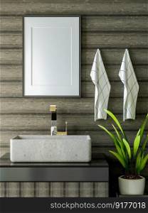 3D illustration mockup photo frame on beautiful wall over washbasin in bathroom with plant pot, Decorated with comfortable equipment on floor, rendering