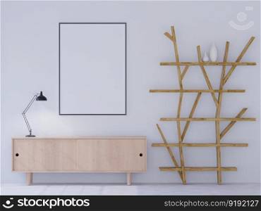 3D illustration mockup photo frame on beautiful wall over wooden cabinet, shelf in abtract modern design, Decorated with scandinavian style interior and natural rendering