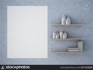 3D illustration mockup photo frame on beautiful wall shelf in bathroom with bottle, Decorated with comfortable equipment on floor, rendering