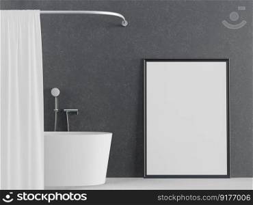 3D illustration mockup photo frame on floor≠ar bathtub behind bathroom curtain with faucet and shower, rendering