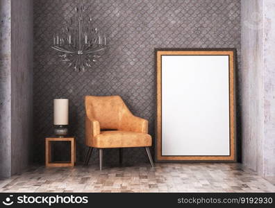 3D illustration mockup photo frame on floor in living room, scandinavian style interior with cozy furniture, rendering