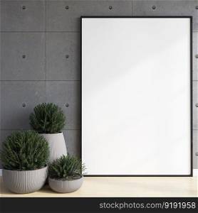 3D illustration mockup photo frame on floor near plant in pot, Decorated with scandinavian style interior and natural rendering