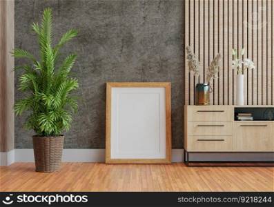 3D illustration, Mockup photo frame on floor of living room, Interior with houseplant, vases and beautiful furniture, rendering