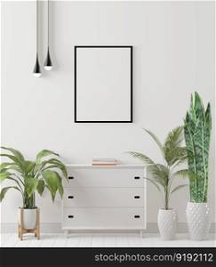 3D illustration mockup photo frame on floor over cabinet and plant pot with ceiling lamp, Decorated with scandinavian style interior and natural rendering