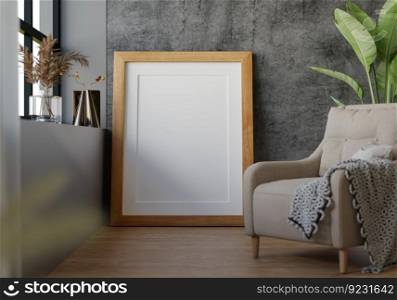 3D illustration, Mockup photo frame on parquet floor in living room, Interior of comfortable with luxury furniture and decorate in minimal style with houseplant in pot, rendering