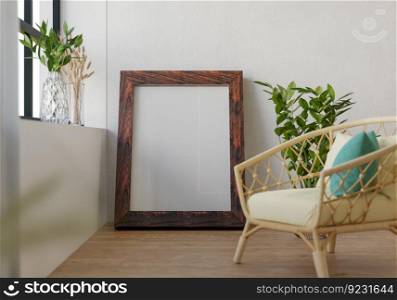 3D illustration, Mockup photo frame on parquet floor in living room, Interior of comfortable with luxury furniture and decorate in minimal style with houseplant in pot, rendering