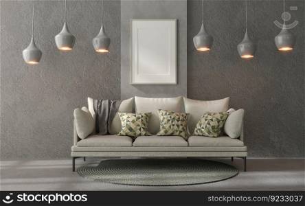 3D illustration, Mockup photo frame on parquet floor of living room, Interior of comfortable with luxury furniture,  rendering