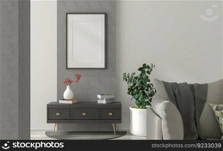 3D illustration, Mockup photo frame on parquet floor of living room, Interior of comfortable with luxury furniture,  rendering