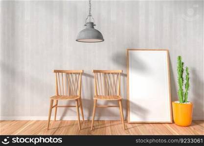 3D illustration, Mockup photo frame on parquet floor of living room, Interior of comfortable with wooden chair and  cactus in yellow pot,  rendering