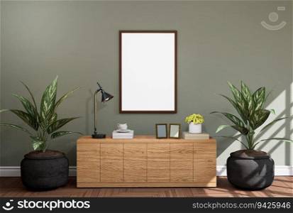 3D illustration. mockup photo frame on red wall over cabinet in living room, decorated with luxury furniture and houseplant, sunlight from window, rendering