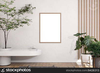 3D illustration. mockup photo frame on red wall over cabinet in living room, decorated with luxury furniture and houseplant, sunlight from window, rendering