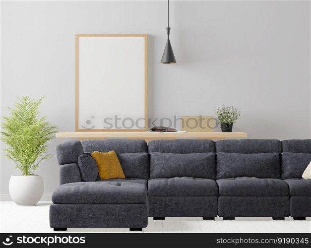 3D illustration mockup photo frame on table behind sofa set in living room, scandinavian style interior with cozy furniture and houseplant in natural decoration concept, rendering