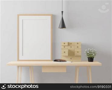 3D illustration mockup photo frame on table near wall in living room, scandinavian style interior with cozy furniture decoration concept, rendering