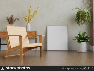 3D illustration, Mockup photo frame on the floor of living room, Interior with houseplant, vases and beautiful furniture, rendering