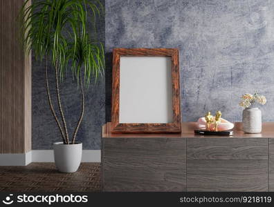 3D illustration, Mockup photo frame on the floor of living room, Interior with houseplant, vases and beautiful furniture, rendering