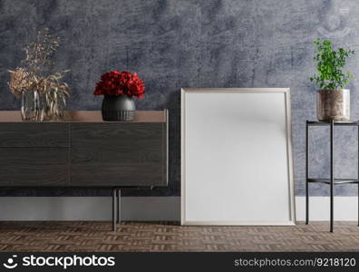 3D illustration, Mockup photo frame on the floor of living room, Interior with houseplant, vases and beautiful furniture, rendering