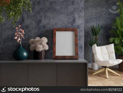 3D illustration, Mockup photo frame on the floor of living room, Interior with houseplant, vases and beautiful furniture, rendering