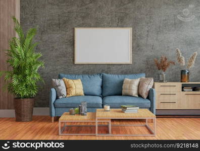 3D illustration, Mockup photo frame on the floor of living room, Interior with houseplant, vases and beautiful furniture, rendering