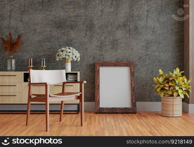 3D illustration, Mockup photo frame on the floor of living room, Interior with houseplant, vases and beautiful furniture, rendering