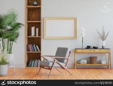 3D illustration, Mockup photo frame on the floor of living room, Interior with houseplant, vases and beautiful furniture, rendering