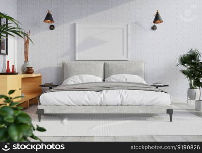 3D illustration mockup photo frame on the wall in bedoom, scandinavian style interior with cozy furniture and houseplant in natural decoration concept, rendering