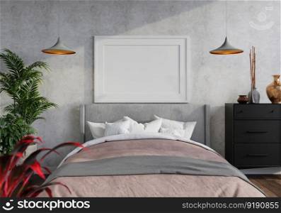 3D illustration mockup photo frame on the wall in bedroom, scandinavian style interior with cozy furniture and houseplant in natural decoration concept, rendering